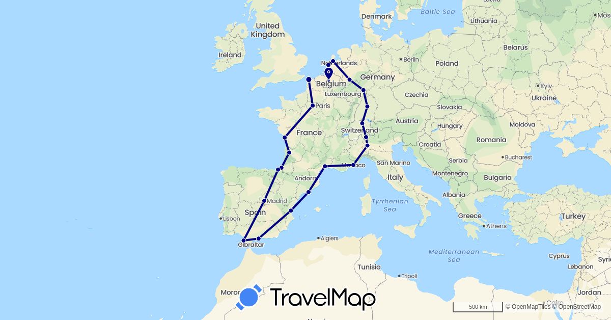 TravelMap itinerary: driving in Belgium, Switzerland, Germany, Spain, France, Italy, Monaco, Netherlands (Europe)
